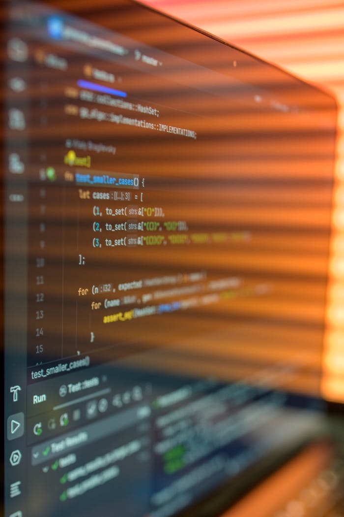 Close-up image of a computer screen displaying colorful programming code in a warm setting.